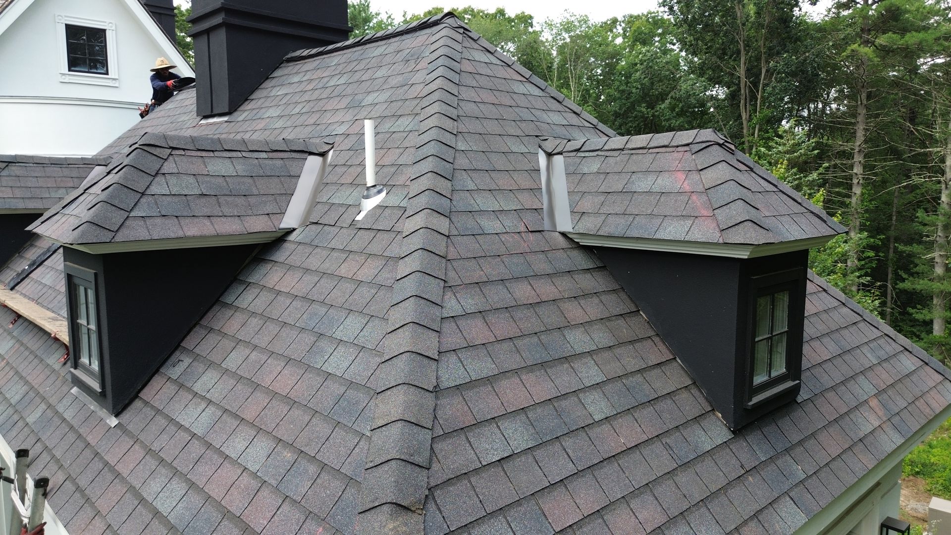 Dark shingled roof with two black dormers and a black chimney. Lush green trees in the background.