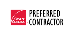 Owens Corning Preferred Contractor logo: red square with white curved line, black text.