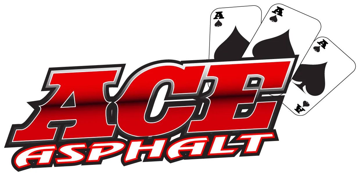 Logo for Ace Asphalt, featuring red text with a black outline and three playing card aces.