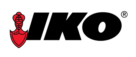 Logo of the brand IKO, black letters on white, with a red shield emblem on the left side.