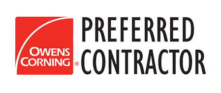 Owens Corning Preferred Contractor logo: red square with curved white line; text reads