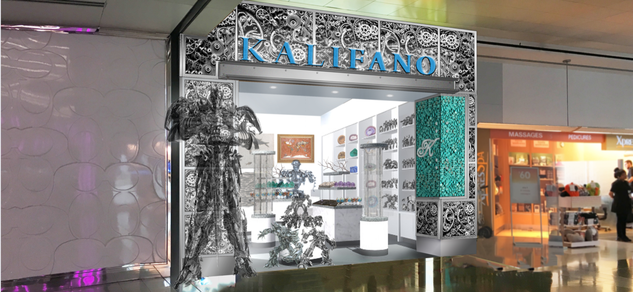An artist 's impression of a store with a robot in front of it.