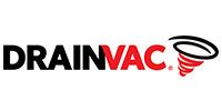 DRAINVAC logo in black and red with a stylized red vacuum swirl icon