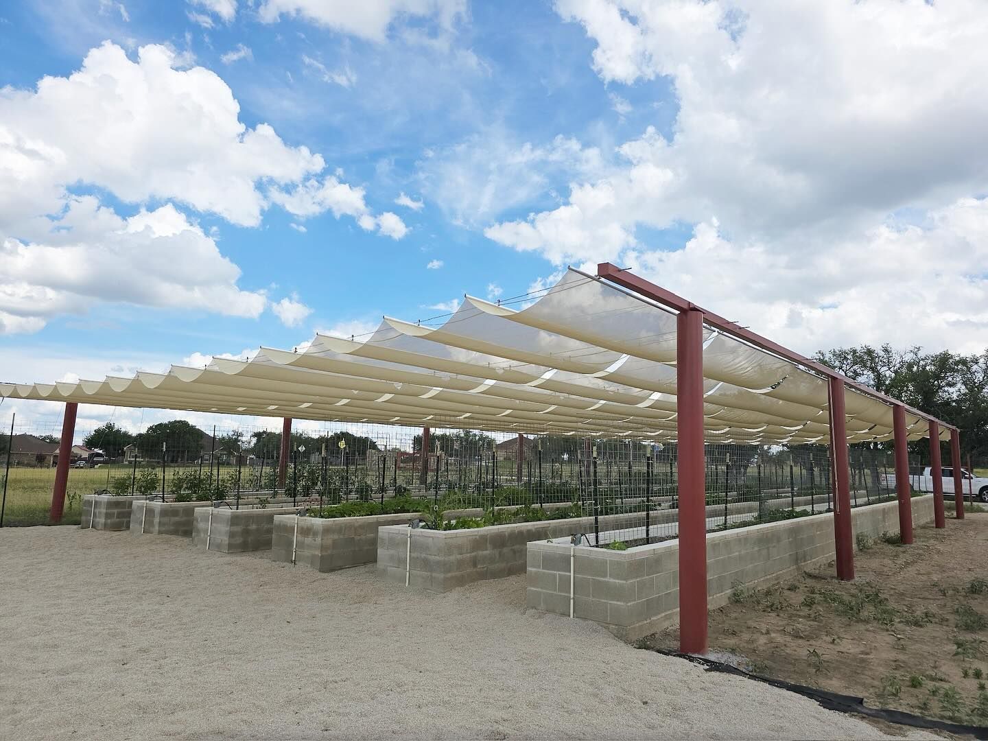 Raised garden beds with shade cover under a blue sky.