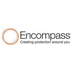 Encompass logo with copper circular icon and tagline Creating protection around you