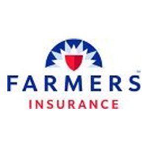 Farmers Insurance logo with blue arc, red shield, and blue-and-red text on white background