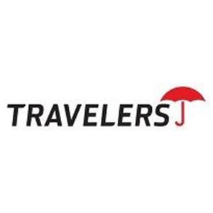 Travelers logo with black text and a red umbrella icon