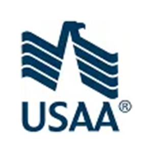 USAA logo in navy blue with eagle emblem and stylized stripes above the letters USAA