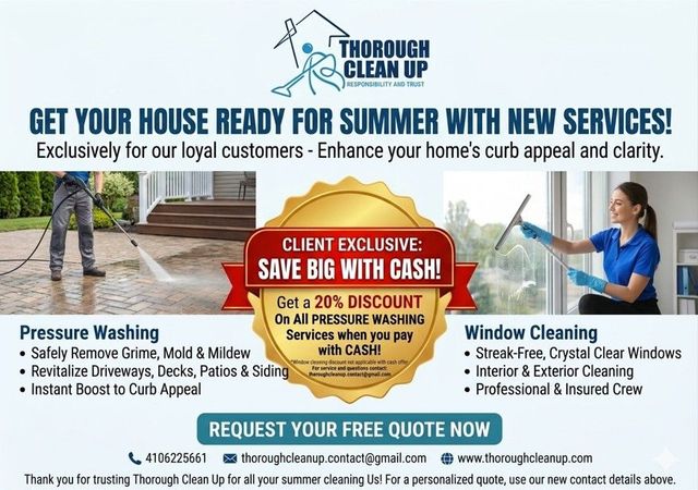 House-cleaning promo with a red car, pressure washing, and window cleaning, plus a 20% cash discount.