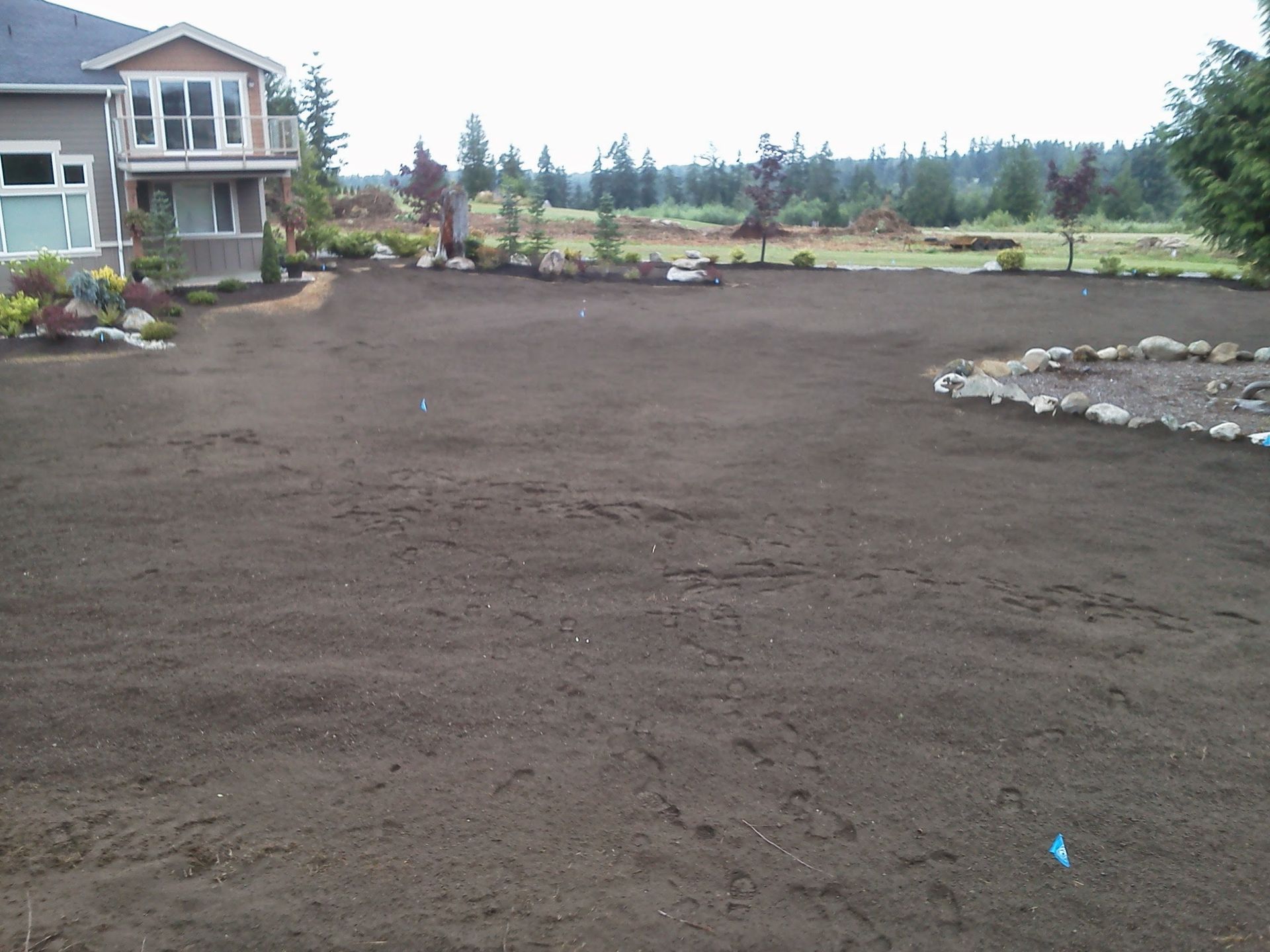a large empty yard with a house in the background
