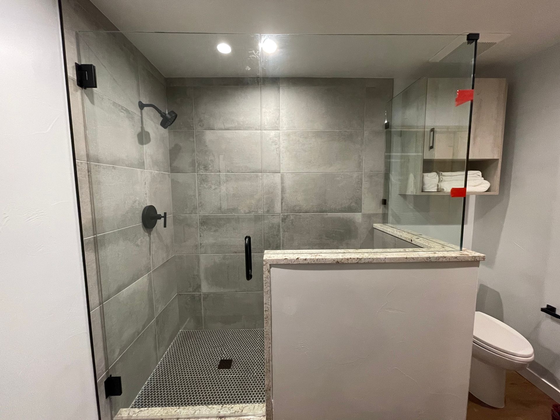 A bathroom with a walk in shower and a toilet.