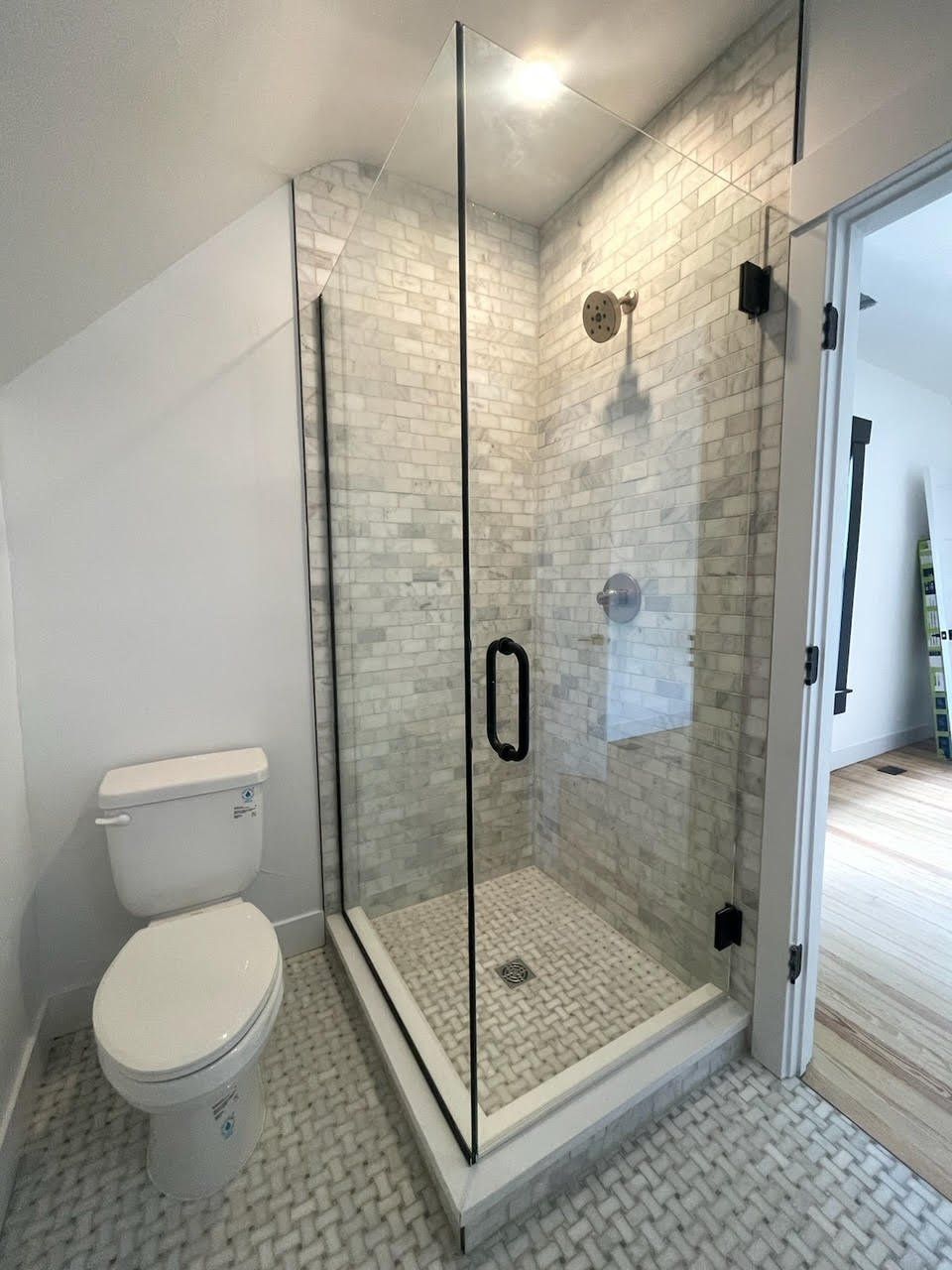 A bathroom with a toilet and a walk in shower.