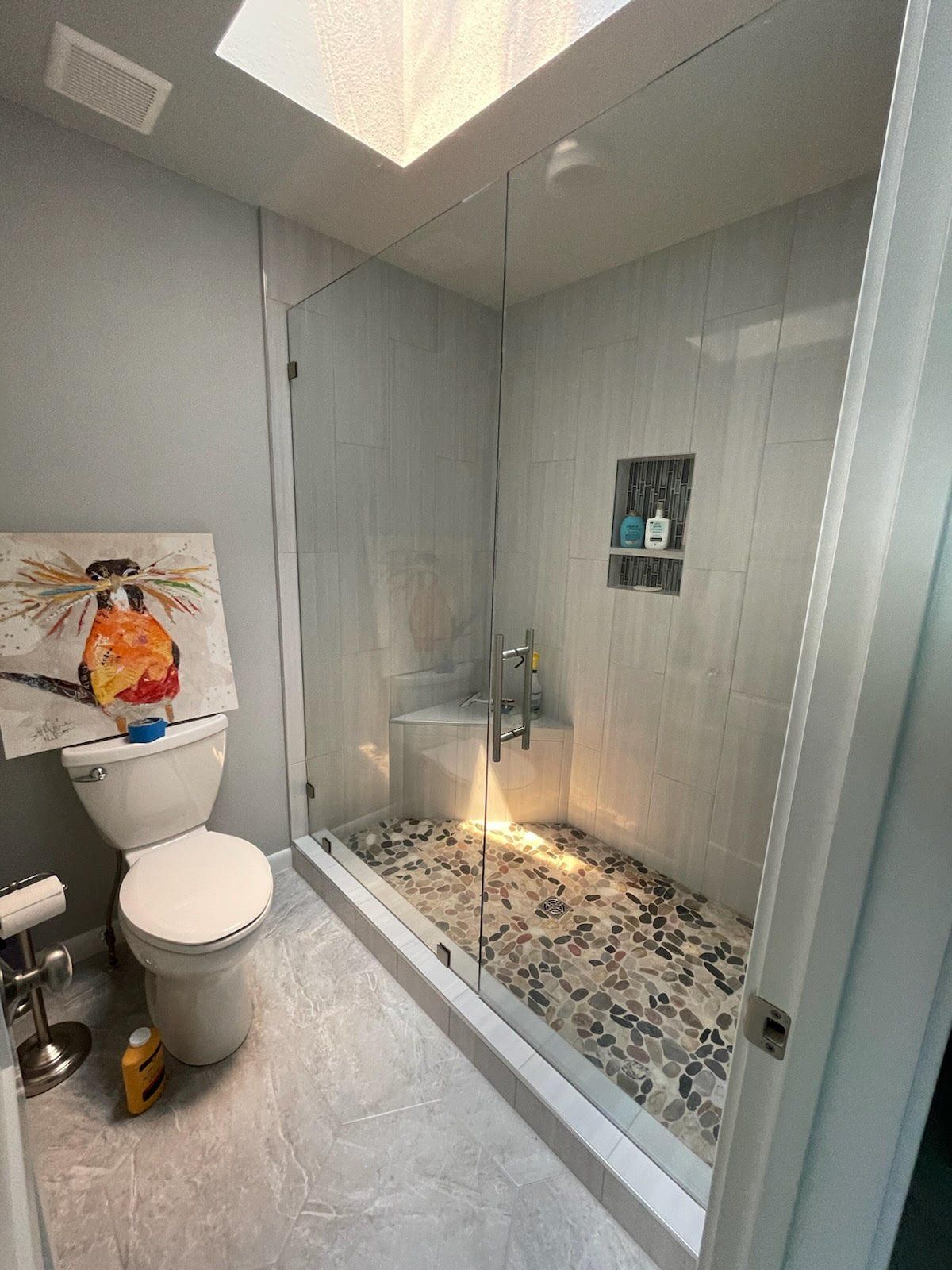 A bathroom with a toilet and a walk in shower.