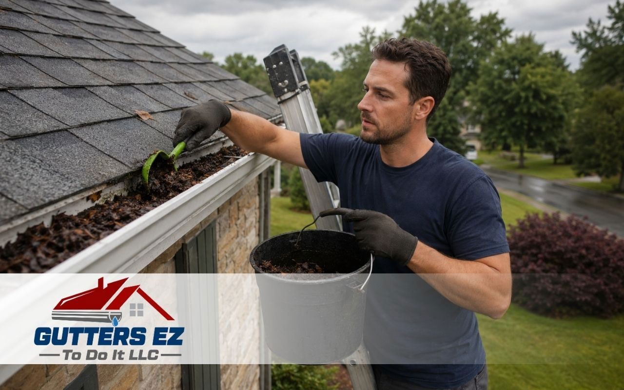 Worker cleaning gutter on a house roof with a gutter cleaning logo overlay