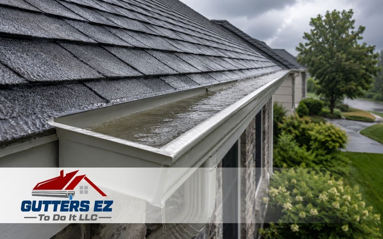 Rain gutter on a shingled roof beside a tree and driveway, with Gutters EZ logo overlay