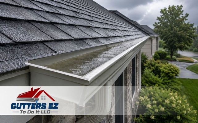 Rain gutter on a shingled roof beside a tree and driveway, with Gutters EZ logo overlay
