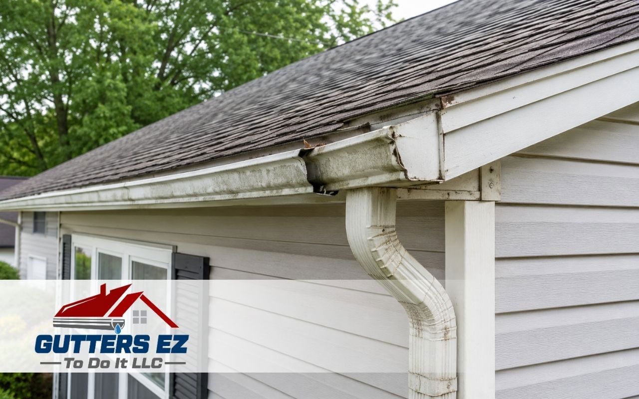 White gutter damage with sagging downspout on a house roof edge; Gutters EZ logo in corner