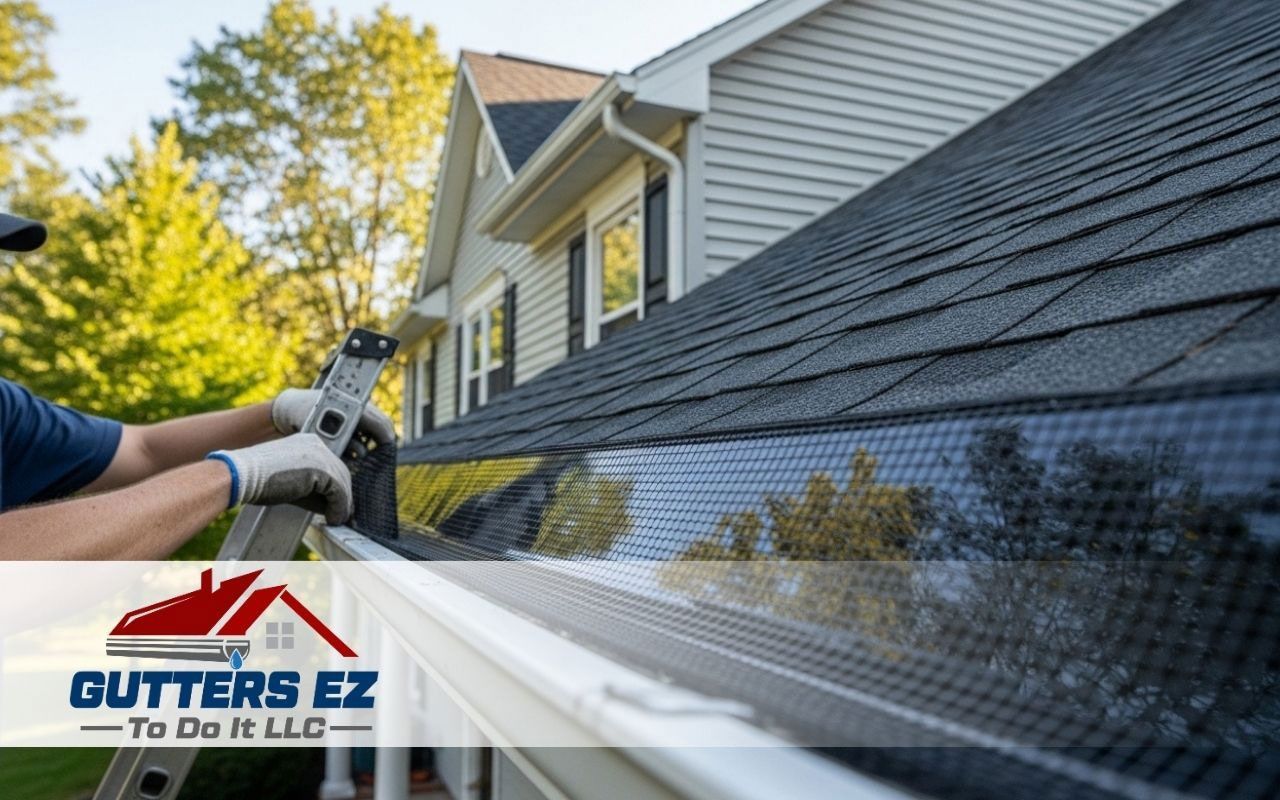 Worker pressure washing home gutters with spray wand beside gray house and logo for Gutters EZ