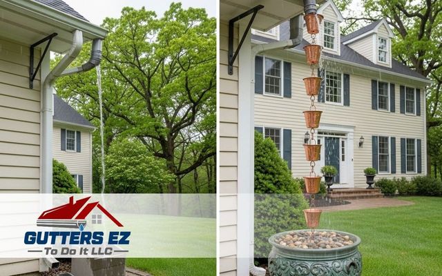 Rain chains and gutters on a beige house with a green lawn and trees; GUTTERS EZ logo visible