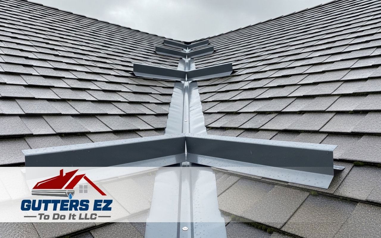 Roof valley with gray shingles and metal flashing, featuring Gutters EZ logo at bottom left