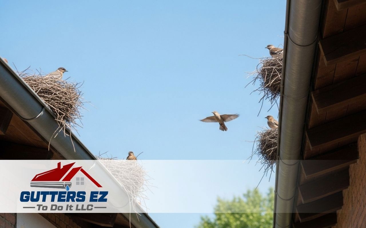 Birds flying over a roof gutter and gutter-guard logo under a blue sky