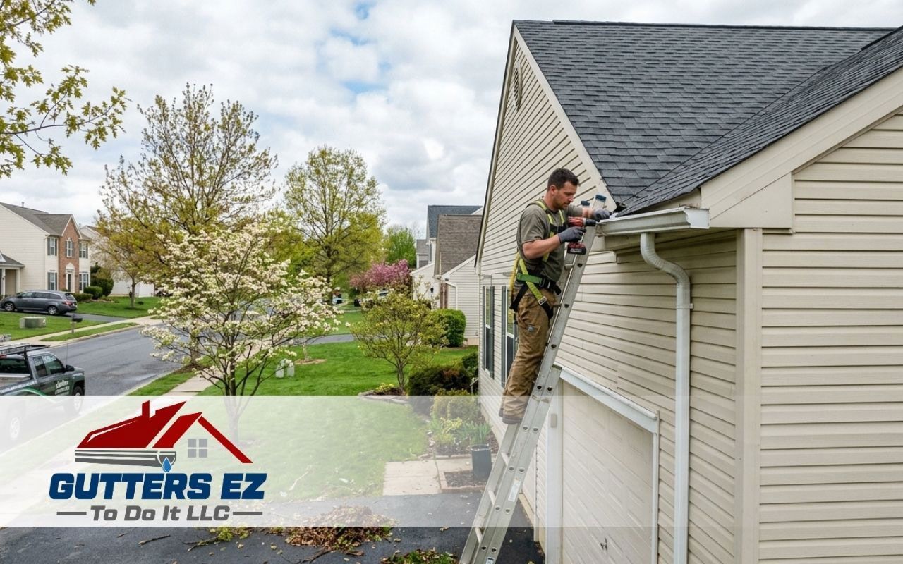 Worker cleaning gutters on a house roof beside a suburban lawn, with GUTTERS EZ logo overlay