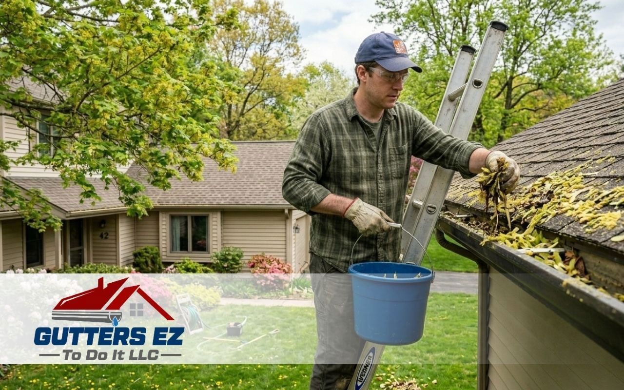 Worker cleaning a roof gutter with a bucket and hose in a leafy suburban yard