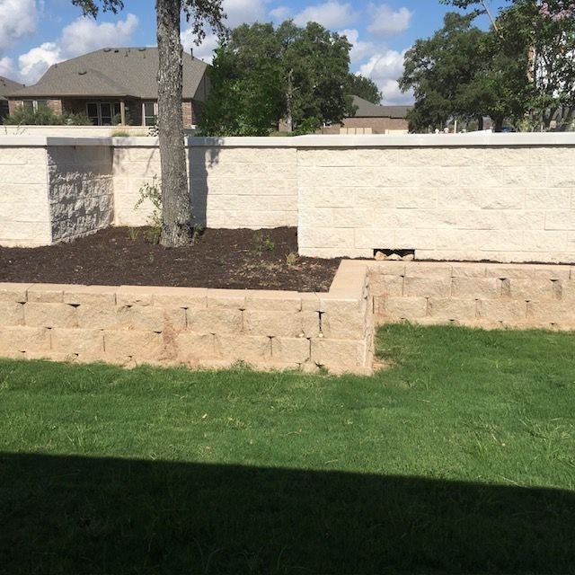 A brick wall with a tree in the middle of it