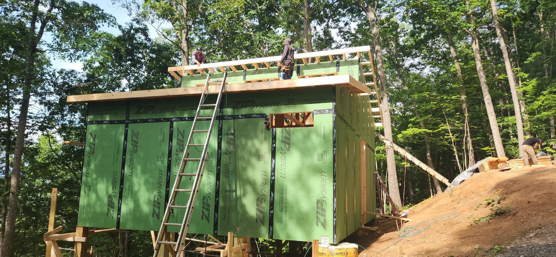 Two people building a green structure in a wooded area, with a ladder leaned against the side.