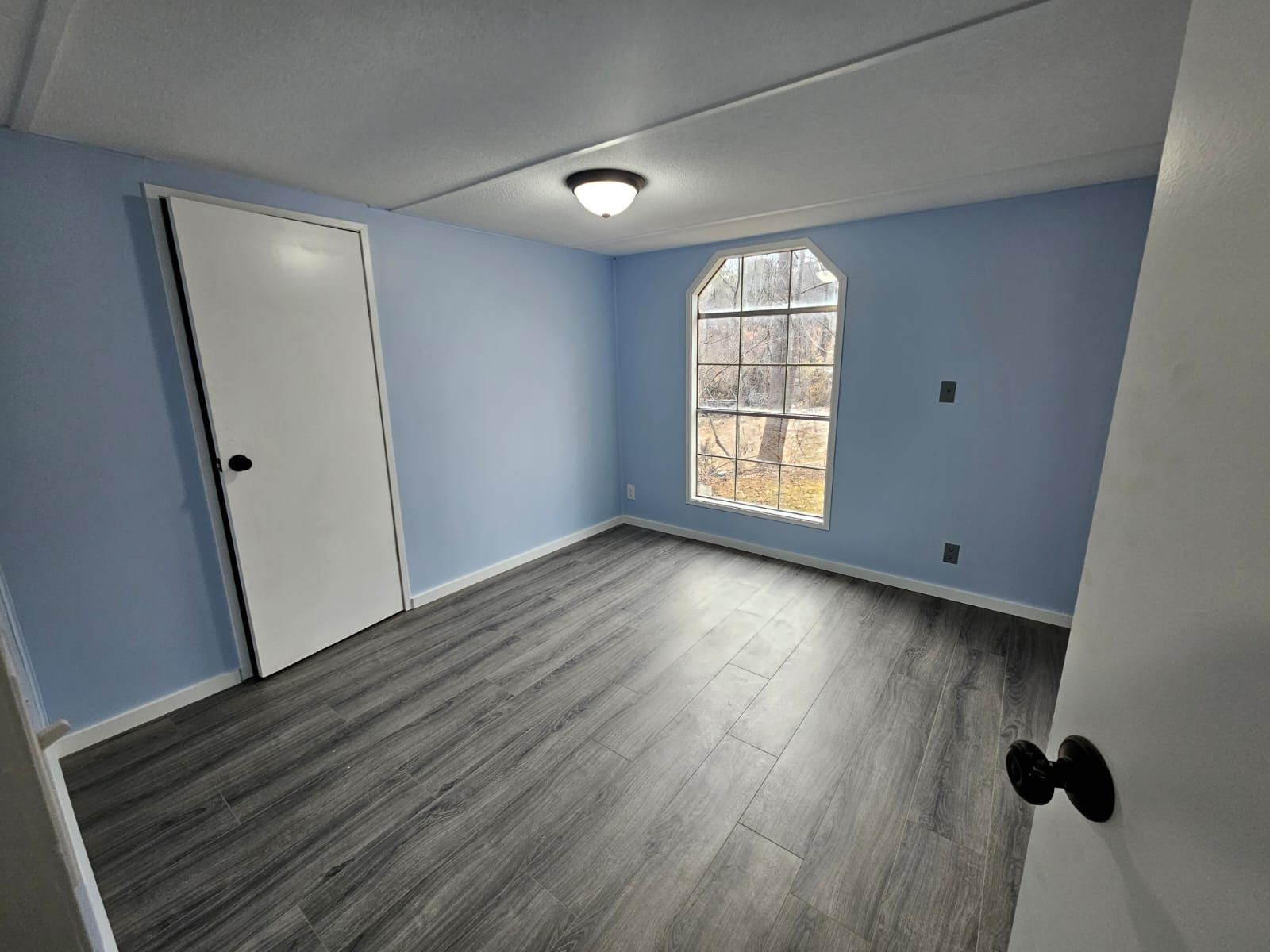 Empty bedroom with blue walls, gray flooring, and arched window. White door and black doorknob visible.