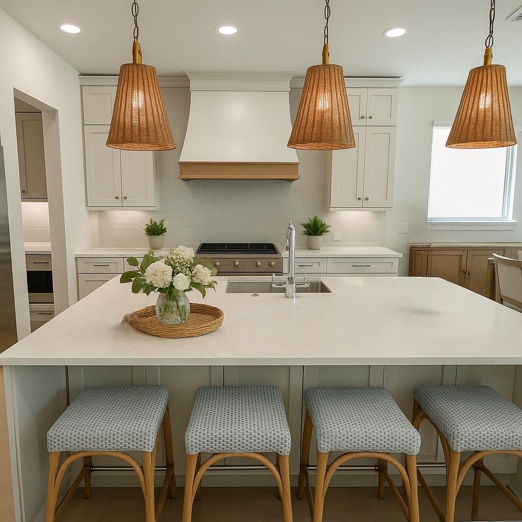Modern kitchen with white cabinets, island, and woven pendant lights.