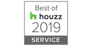 Houzz Best of Service 2019 badge with green house logo, gray border and text on white background.