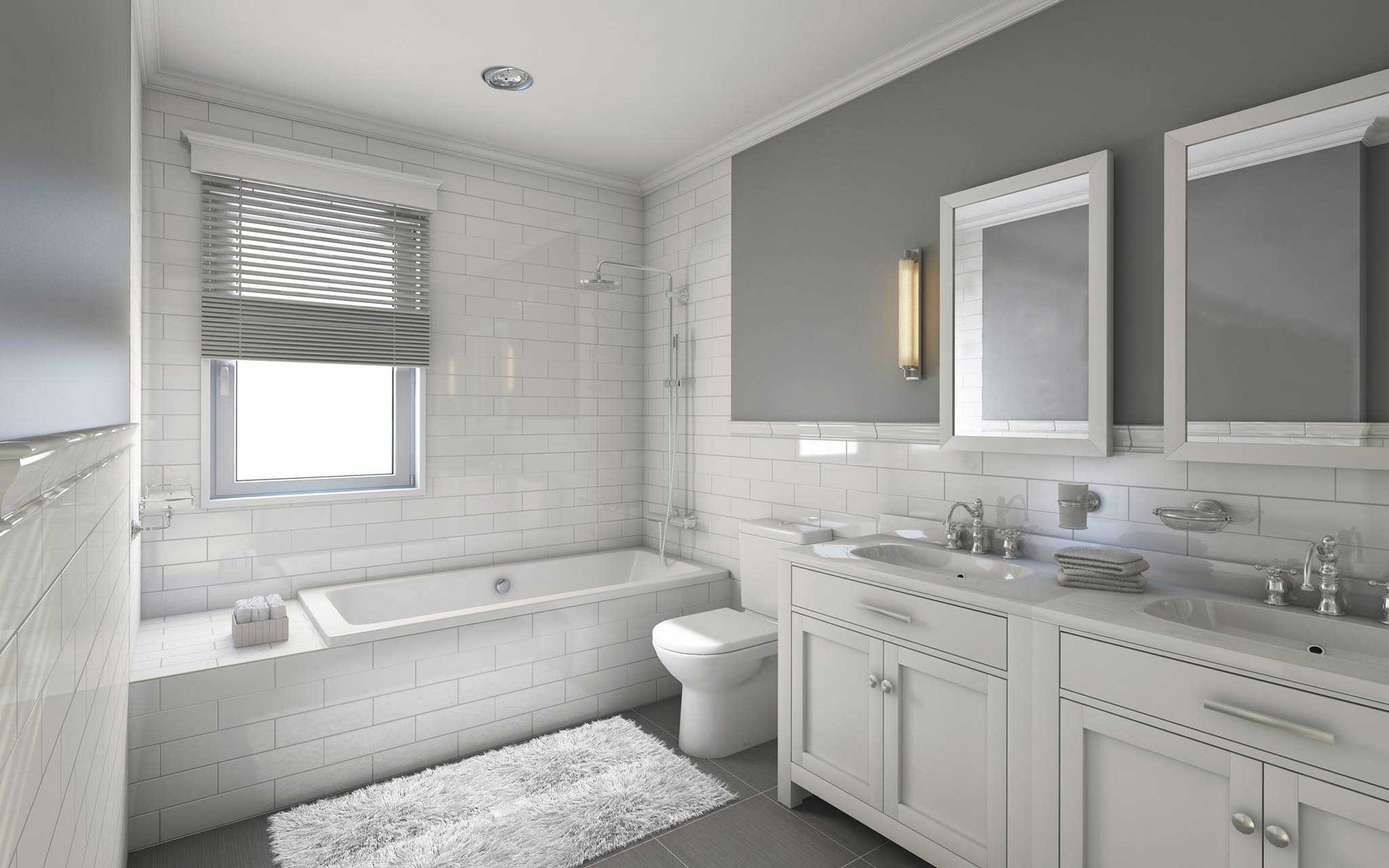 Bathroom with white tile, gray walls, a bathtub, and a double vanity.