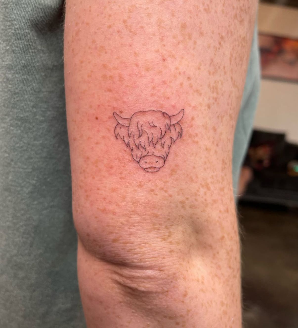 A person has a small tattoo of a bull on their arm.