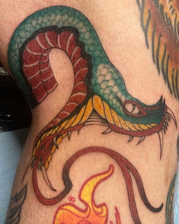 A close up of a tattoo of a snake on a person 's arm