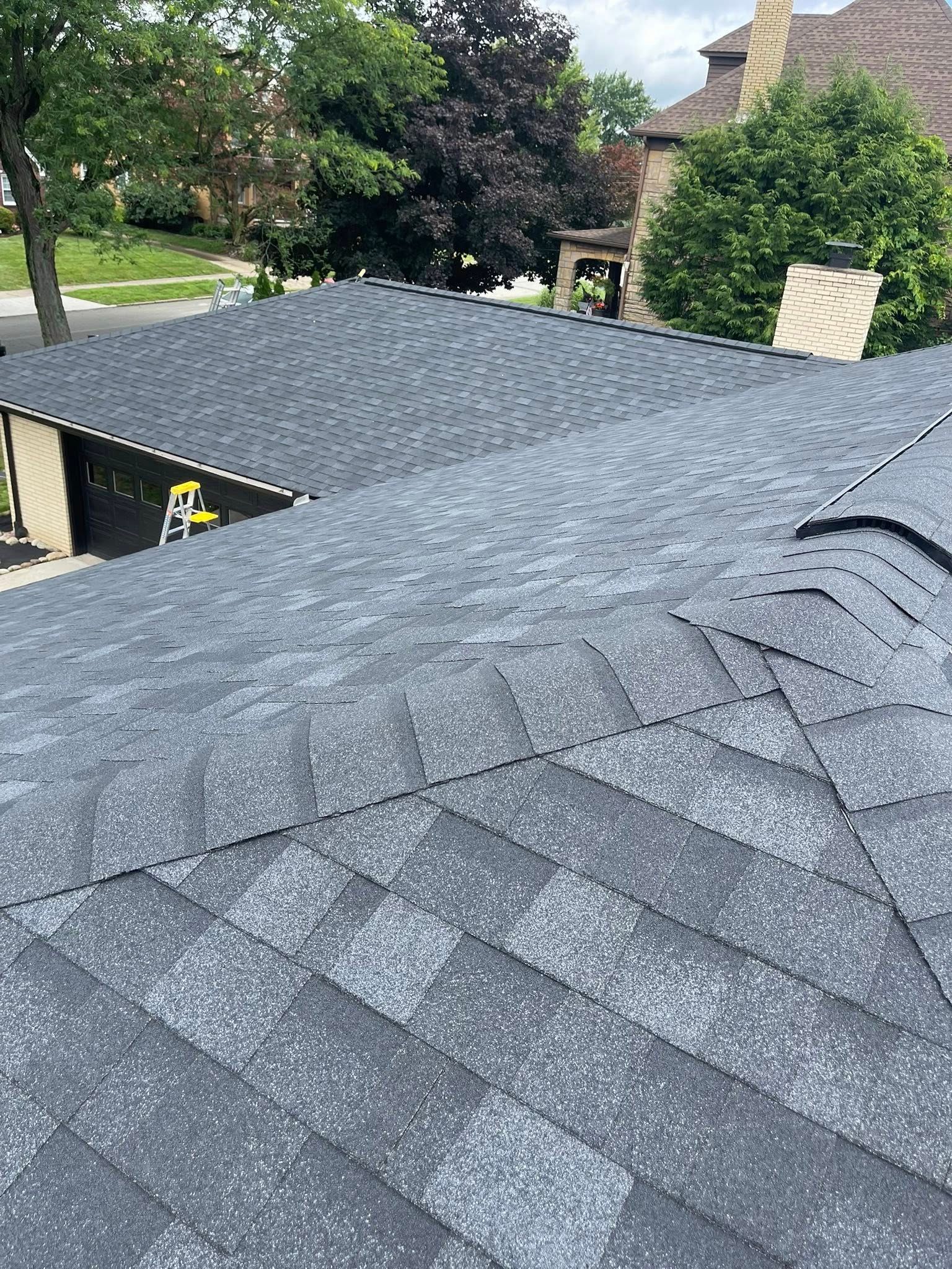 Close-up view of a dark gray asphalt shingle roof with visible texture and ridges on a sunny day.