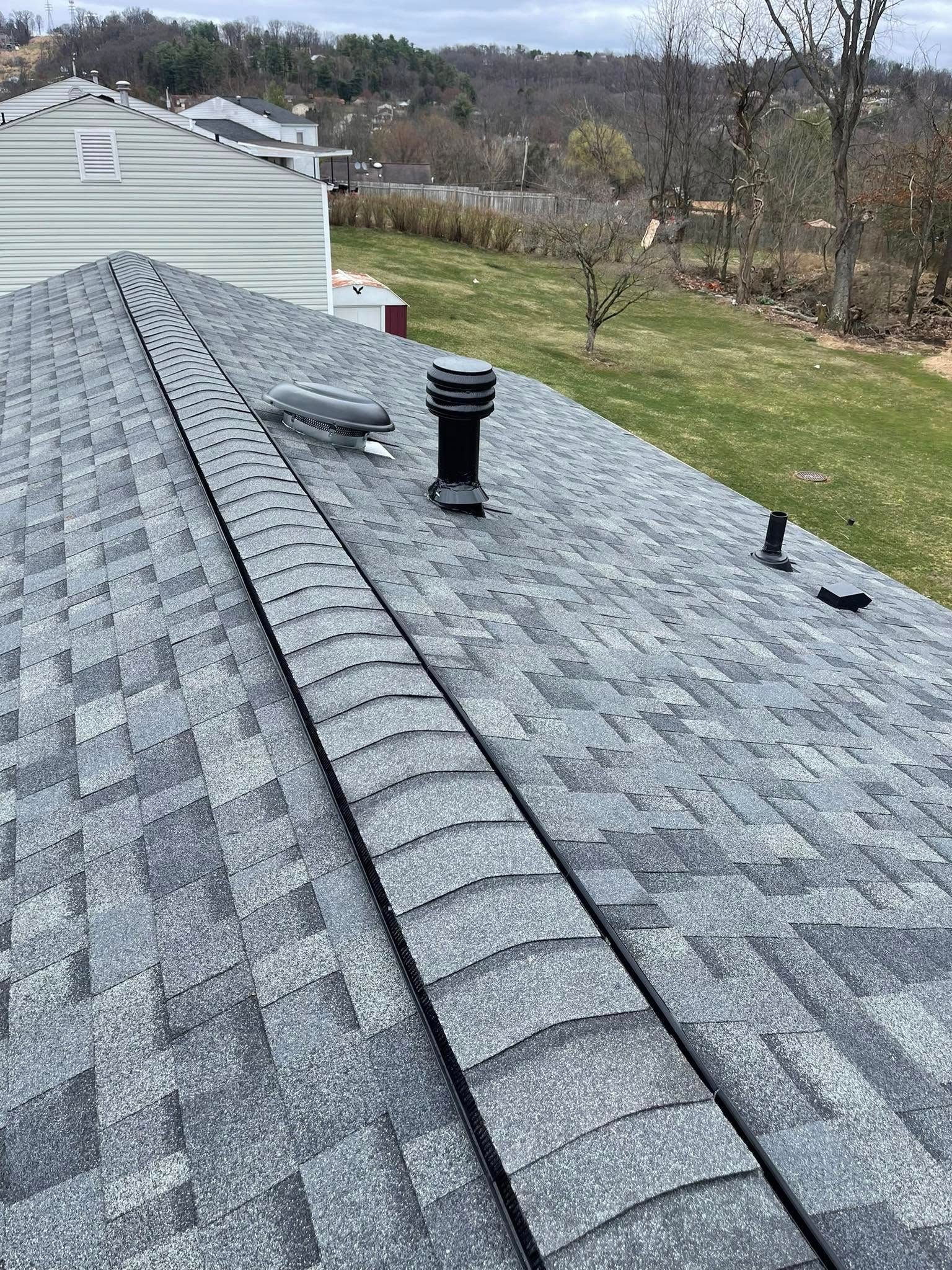 Gray shingled roof with a black vent pipe and ridge cap, surrounded by a backyard with trees.