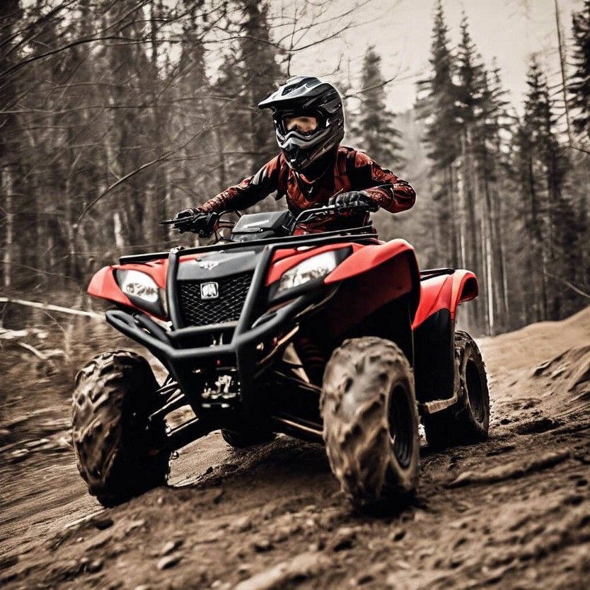 Person riding a red ATV on a dirt trail in a forest, wearing a helmet and protective gear.