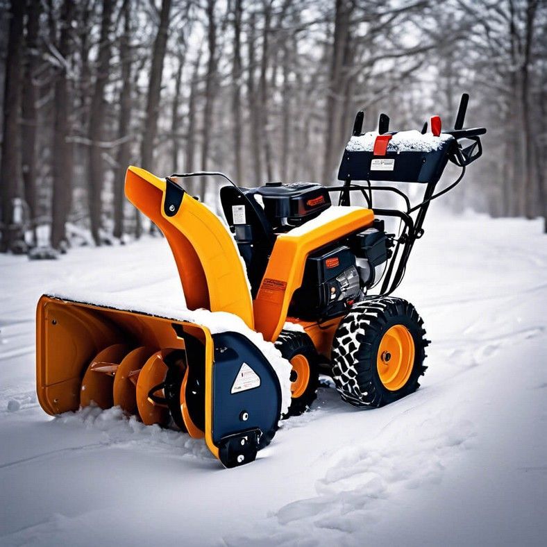 Yellow and black snowblower on a snowy path in a forest, ready to clear snow.