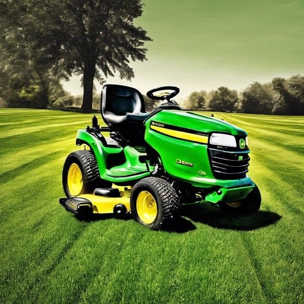 John Deere riding lawnmower on a neatly striped green lawn, with a tree in the background under a bright sky.