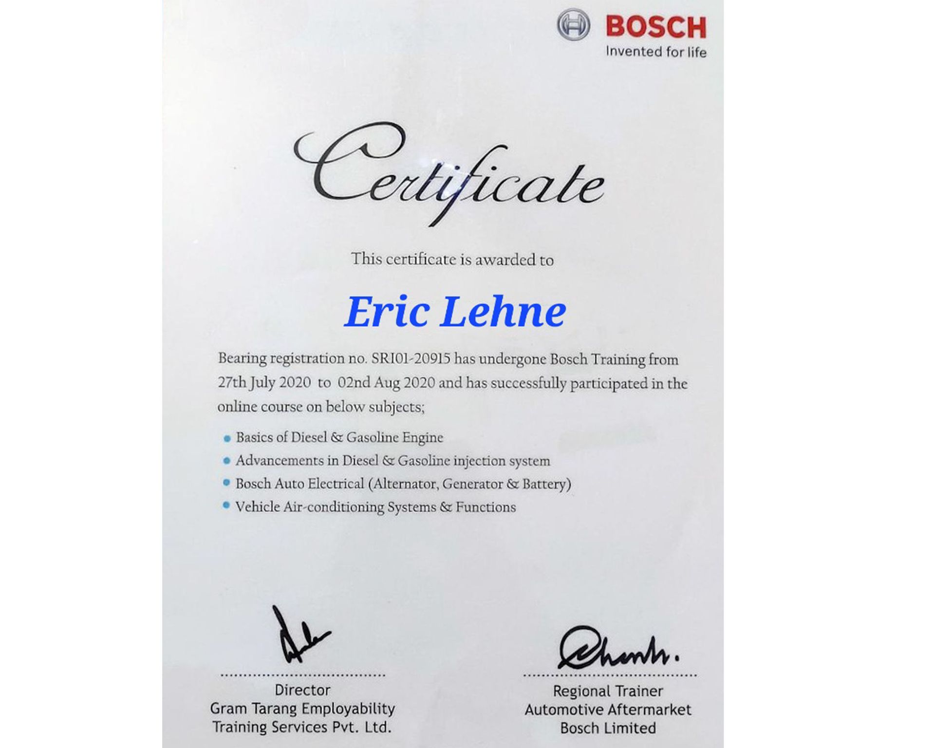 Hoffman's Bosch certificate