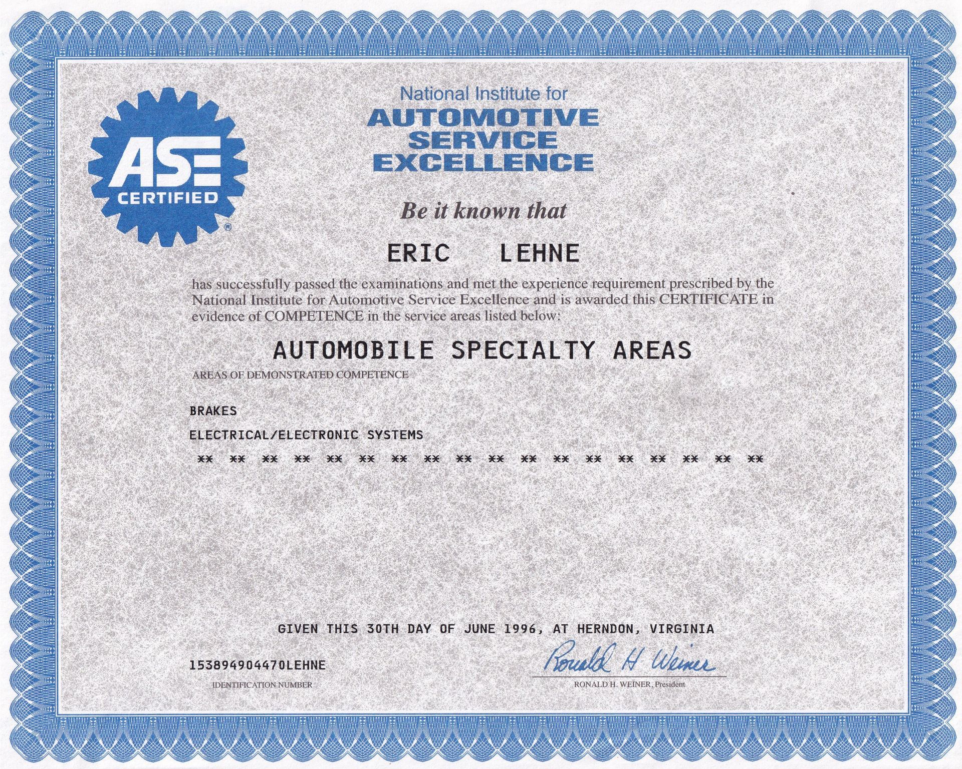 Hoffman's ASE certificate