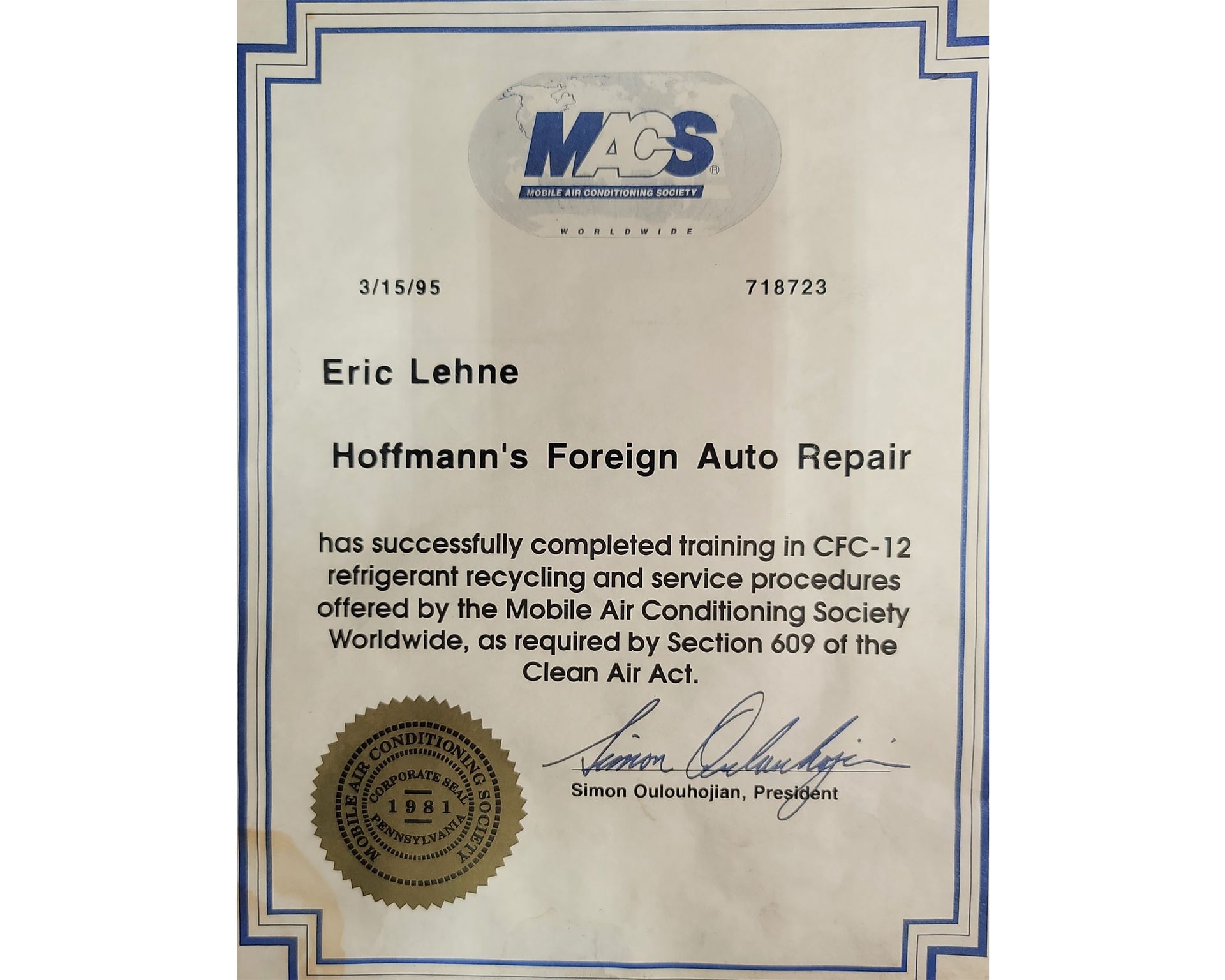 Hoffman's MACS certificate