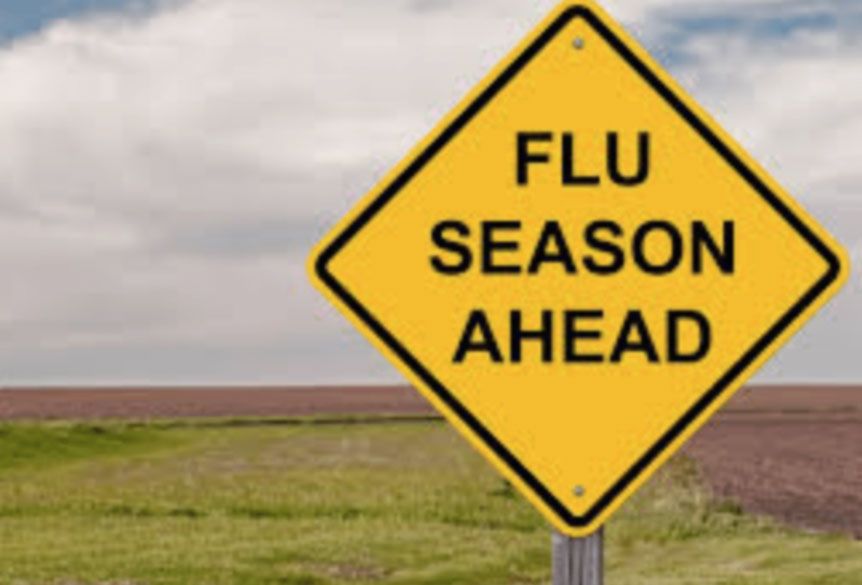 Yellow road sign reading “FLU SEASON AHEAD” in a field under a cloudy sky