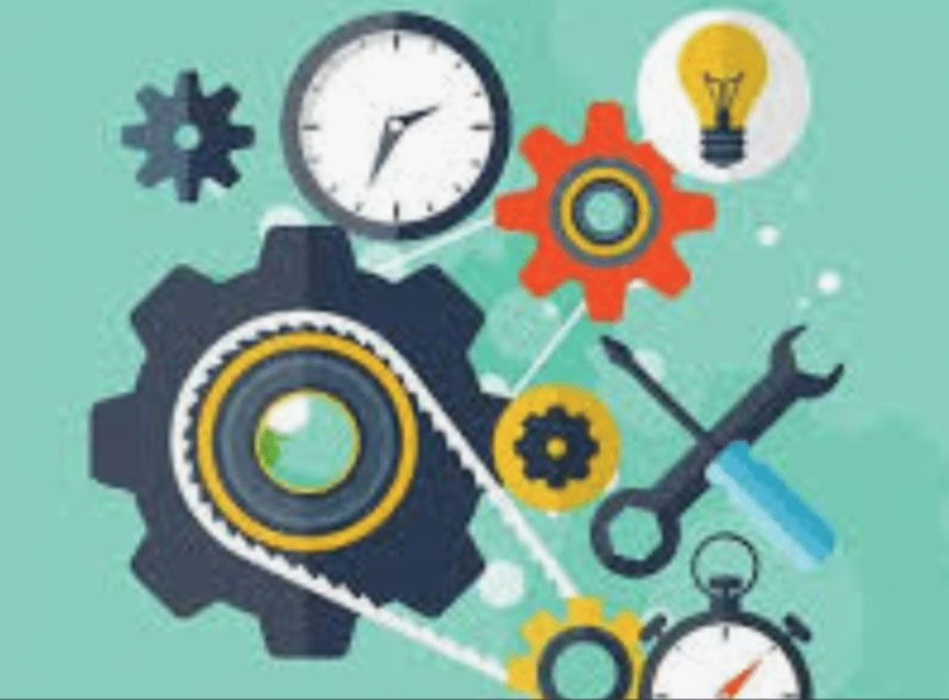 Illustration of gears, wrench, clock, and lightbulb on a teal background