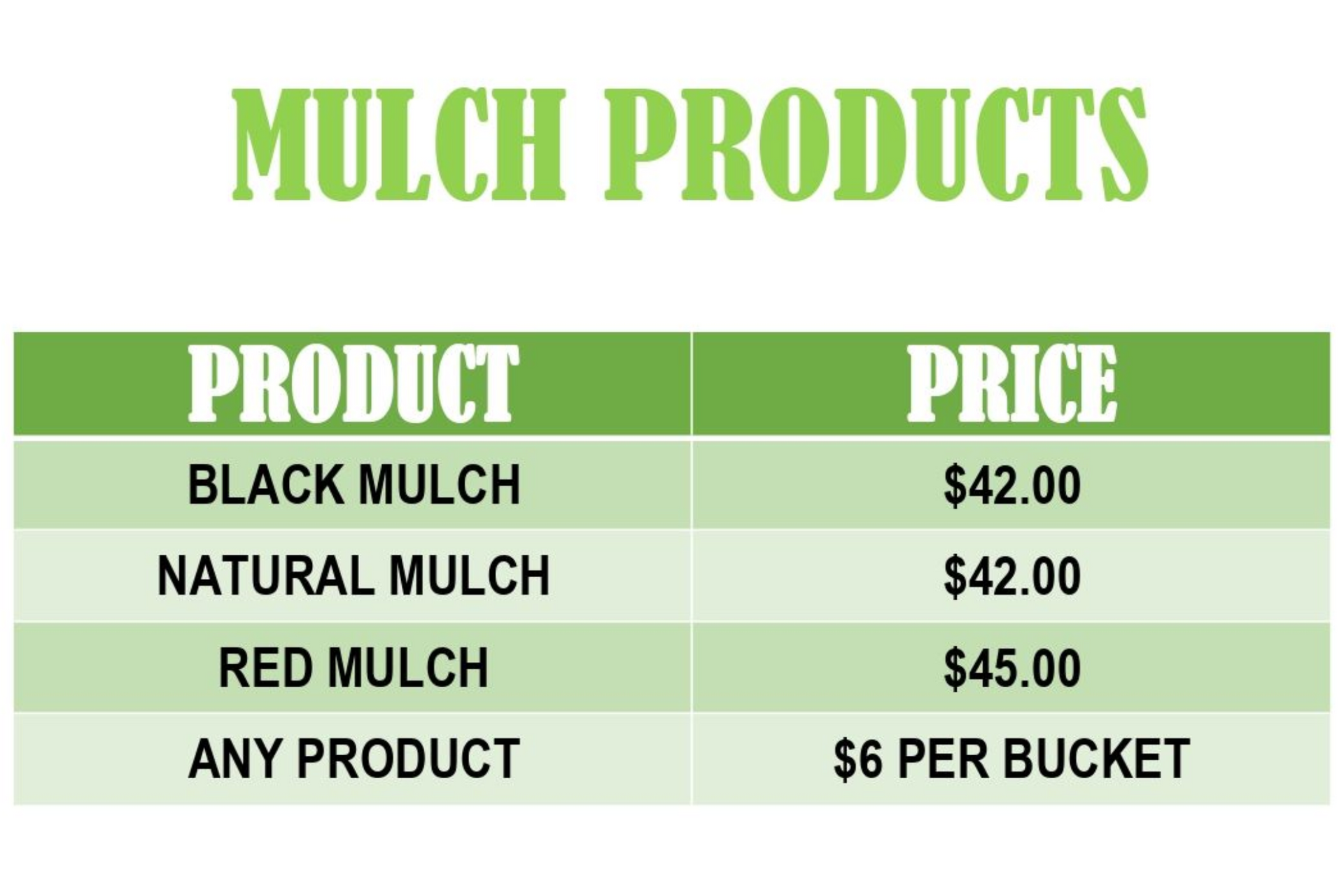 A price list for mulch products, including Black ($42), Natural ($42), Red ($45), and a $6 per bucket option.