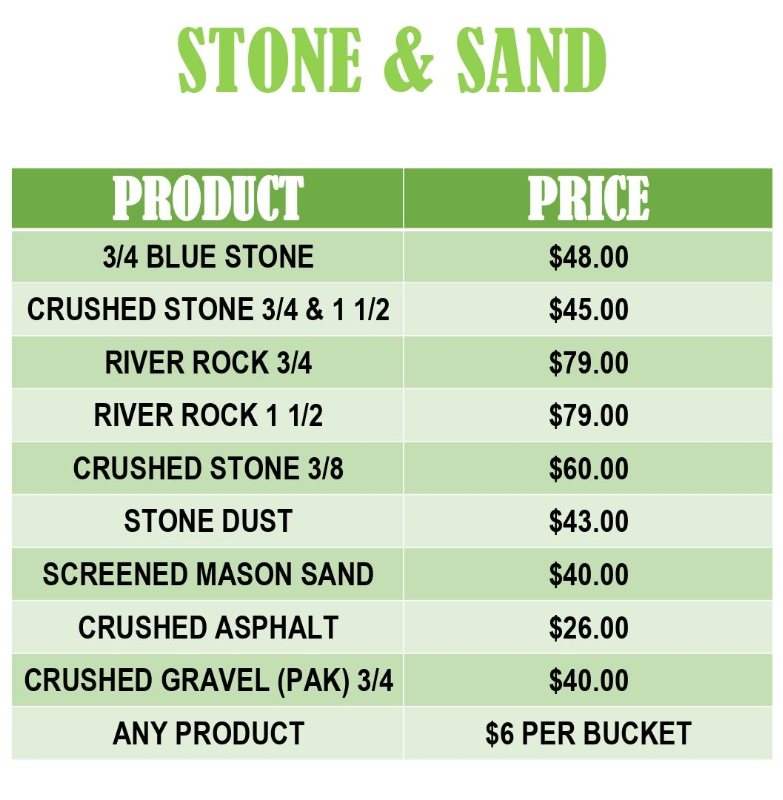 A price list for Stone & Sand products, featuring a two-column table listing various materials and their costs.