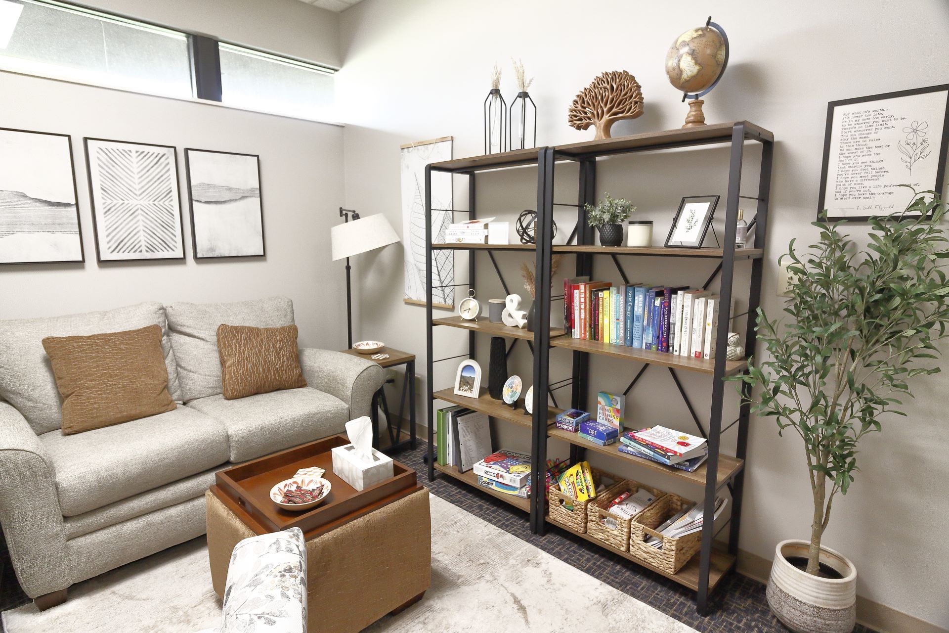 A living room with a couch , coffee table , shelves and a plant.