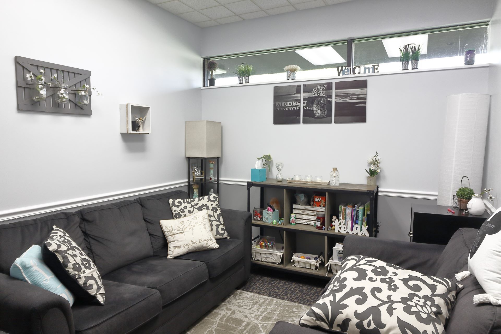 A living room with two couches and a bookshelf.