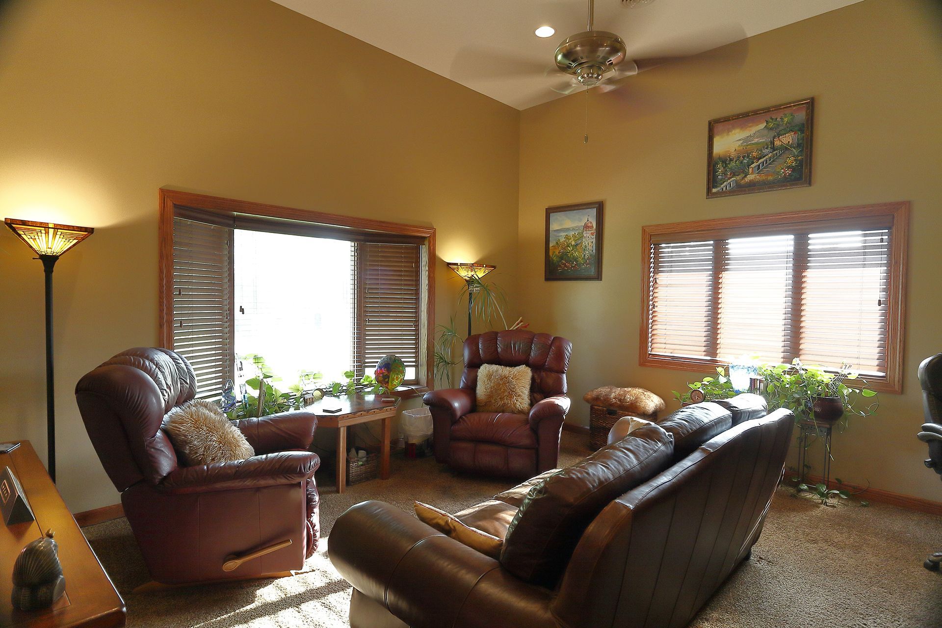 A living room filled with furniture and a ceiling fan. - Dr. Vincent